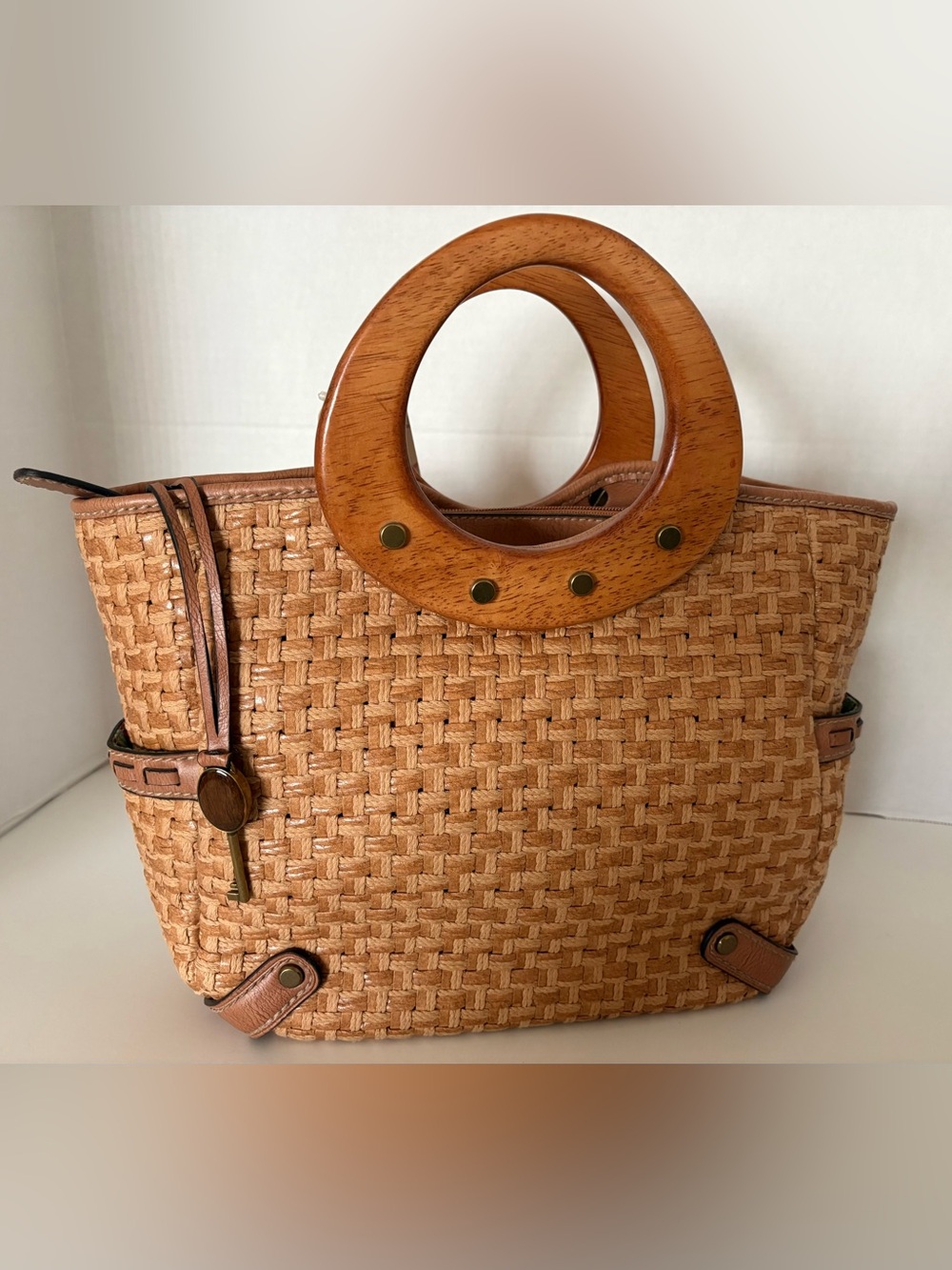 Fossil Tan Woven Tote with Circular Wood Handles - Picture 7 of 14